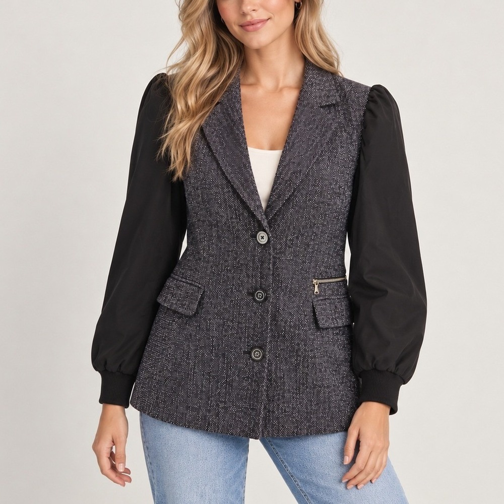 Maeve Mixed Media Relaxed Blazer Jacket 4 Tweed Puff Sleeve
